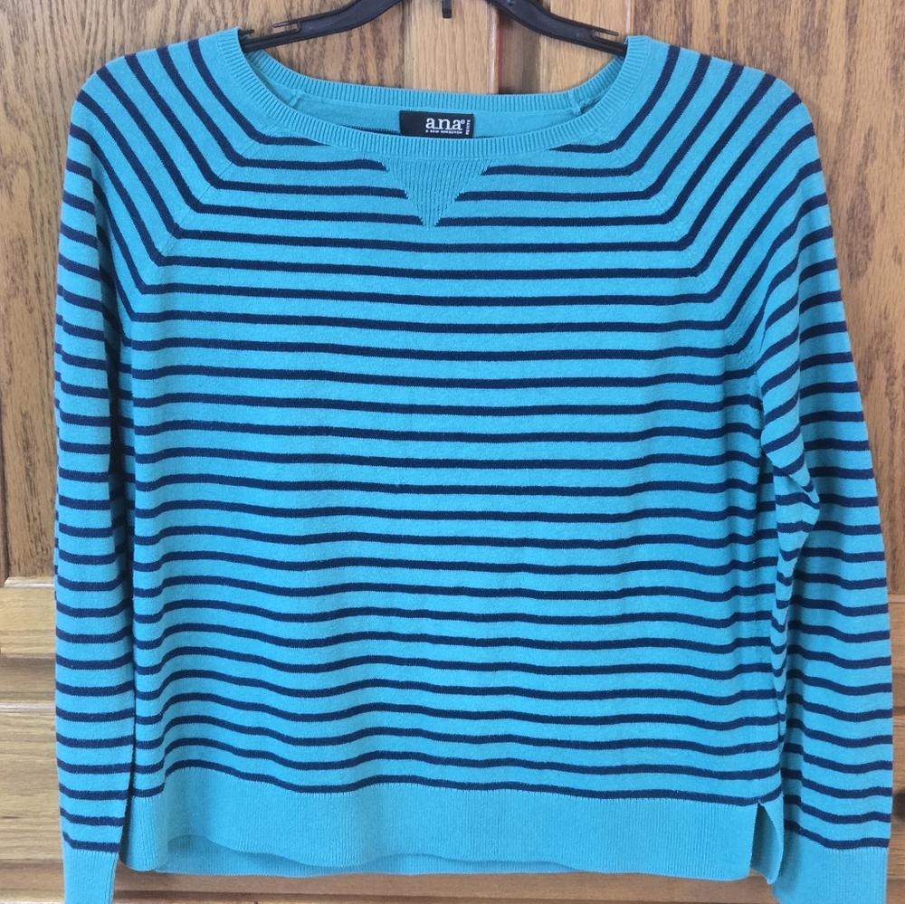 A.N.A. Pullover Striped Bright Teal Navy Sweater PL Long Sleeve Crew Neck Raglan